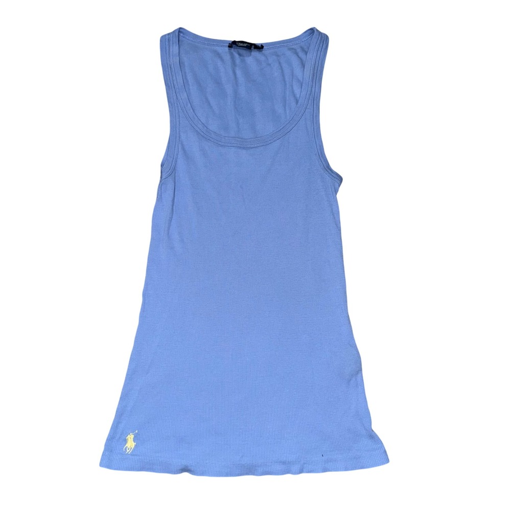 Ralph Lauren Tank Top Women Medium Blue Excellent Pima Cotton Ribbed Pony Logo